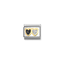 Load image into Gallery viewer, COMPOSABLE CLASSIC LINK 030220/15 DOUBLE HEART IN 18K GOLD, BLACK & SILVER GLITTER ENAMEL