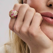 Load image into Gallery viewer, MOSAICA WIDE RING 241601/012 GOLD WITH PINK & GREEN CZ