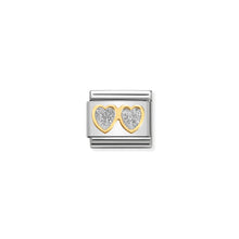 Load image into Gallery viewer, COMPOSABLE CLASSIC LINK 030220/01 DOUBLE SILVER HEARTS WITH GLITTER ENAMEL IN 18K GOLD
