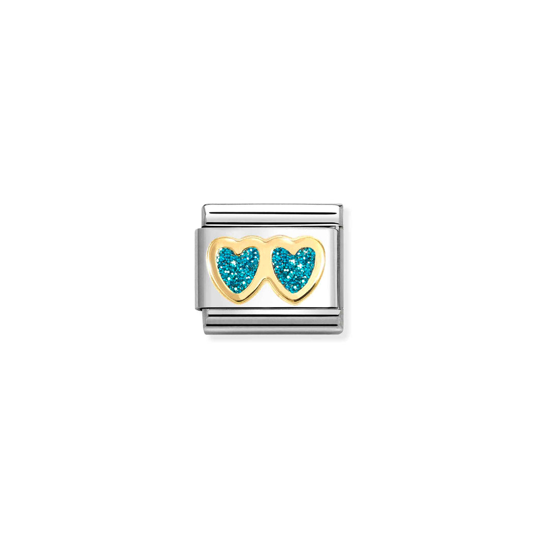 COMPOSABLE CLASSIC LINK 030220/12 DOUBLE HEART IN 18K GOLD & LIGHT BLUE GLITTER ENAMEL