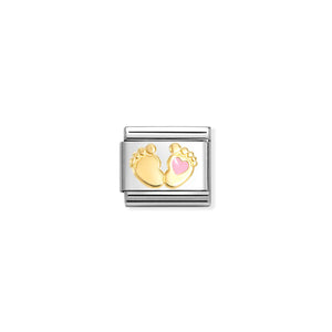 COMPOSABLE CLASSIC LINK 030272/85 BABY FEET WITH PINK HEART IN 18K GOLD AND ENAMEL