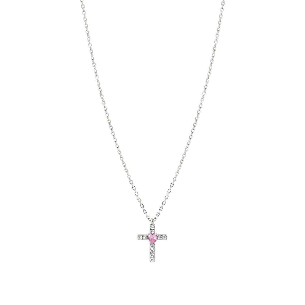 SHINE ME UP SILVER NECKLACE 241902/002 PINK & WHITE CROSS CZ PENDANT
