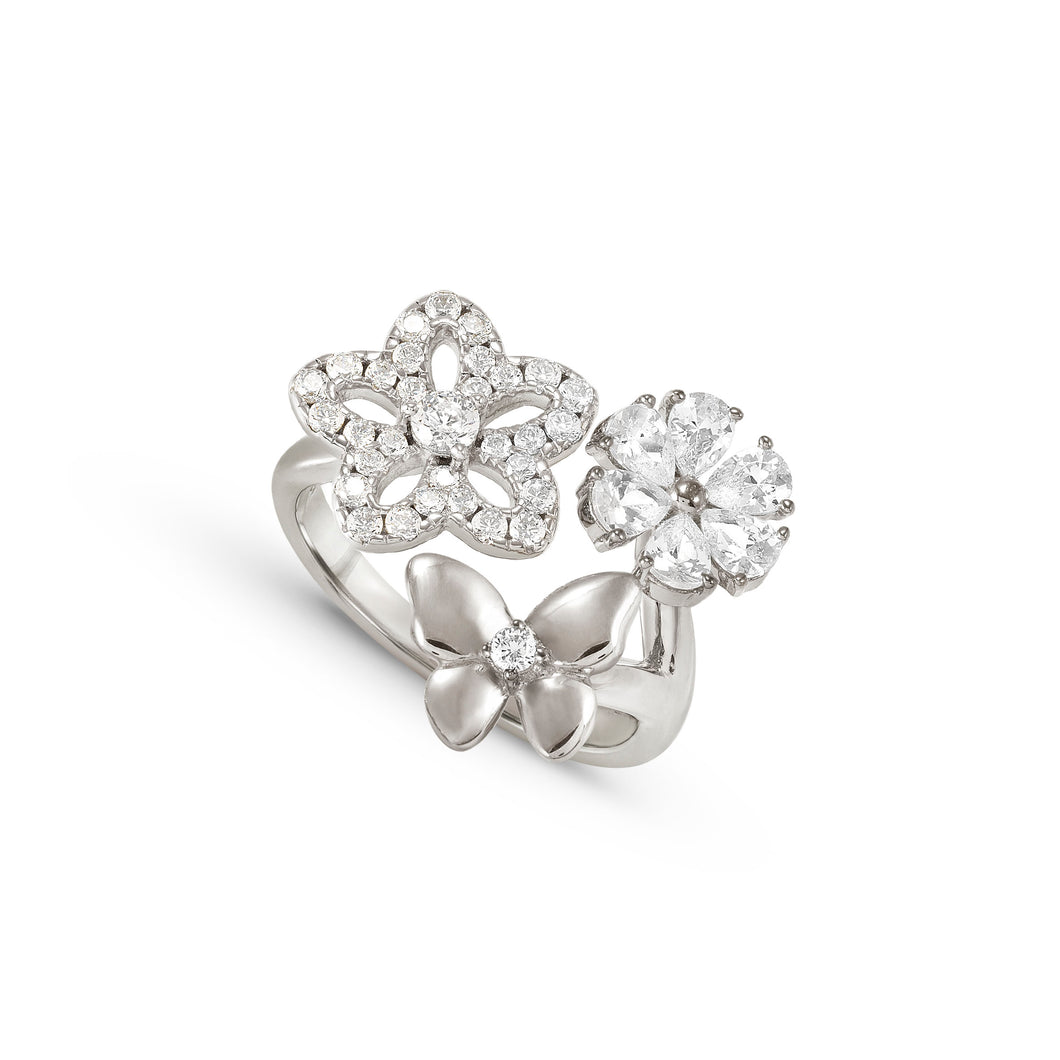 SWEETMADAME SILVER RING 242003/050 BUTTERFLY & FLOWER TRIO WITH CZ