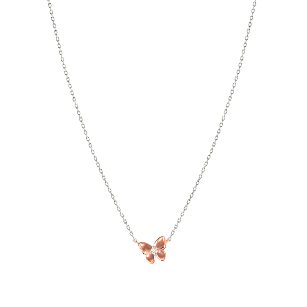 SWEETMADAME SILVER & ROSE GOLD NECKLACE 242008/041 BUTTERFLY CZ PENDANT