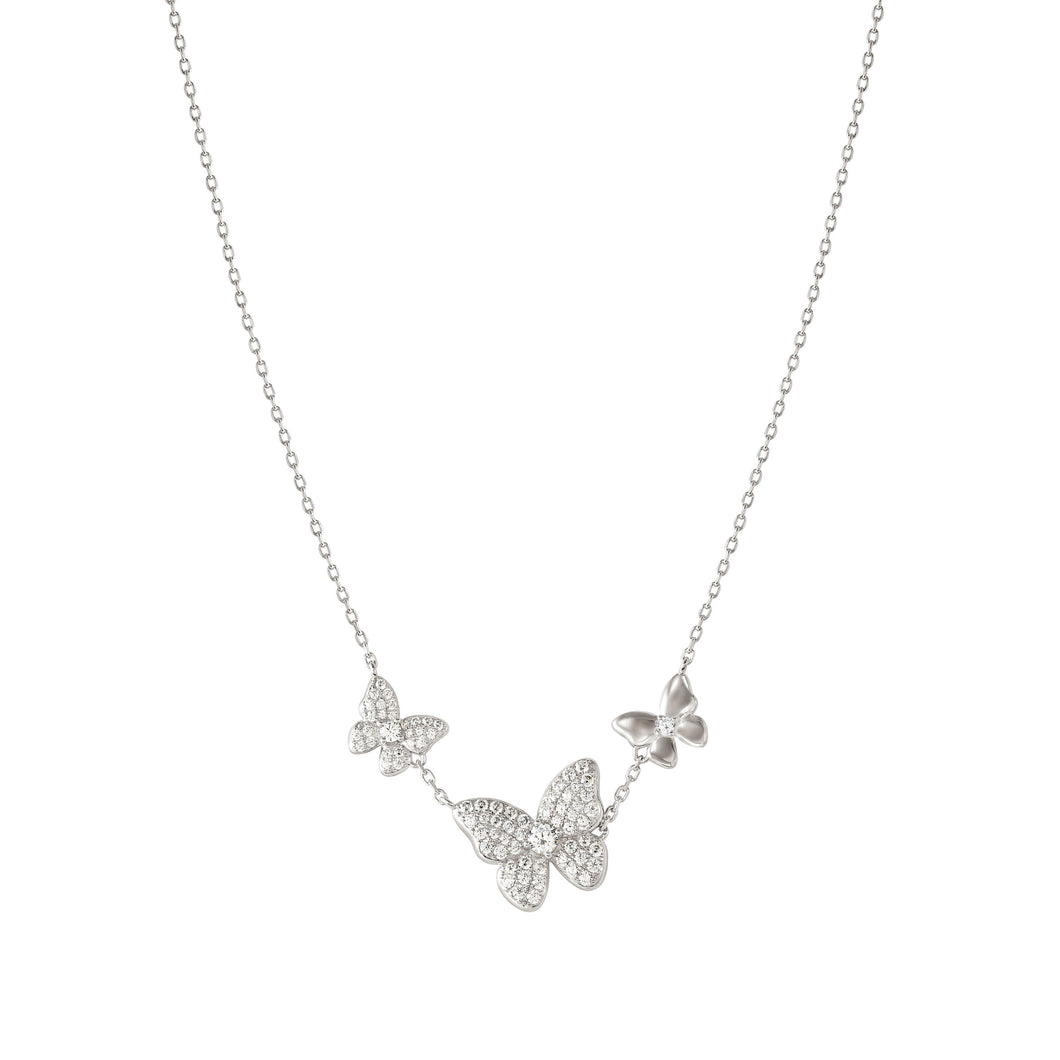 SWEETMADAME SILVER NECKLACE 242010/040 TRIPLE BUTTERFLY WHITE CZ PENDANT