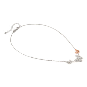 SWEETMADAME SILVER & ROSE GOLD NECKLACE 242010/041 TRIPLE BUTTERFLY WHITE CZ PENDANT