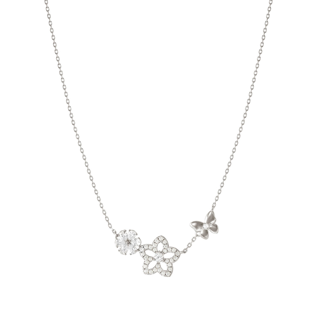 SWEETMADAME SILVER NECKLACE 242010/050 FLOWER & BUTTERFLY WHITE CZ PENDANT