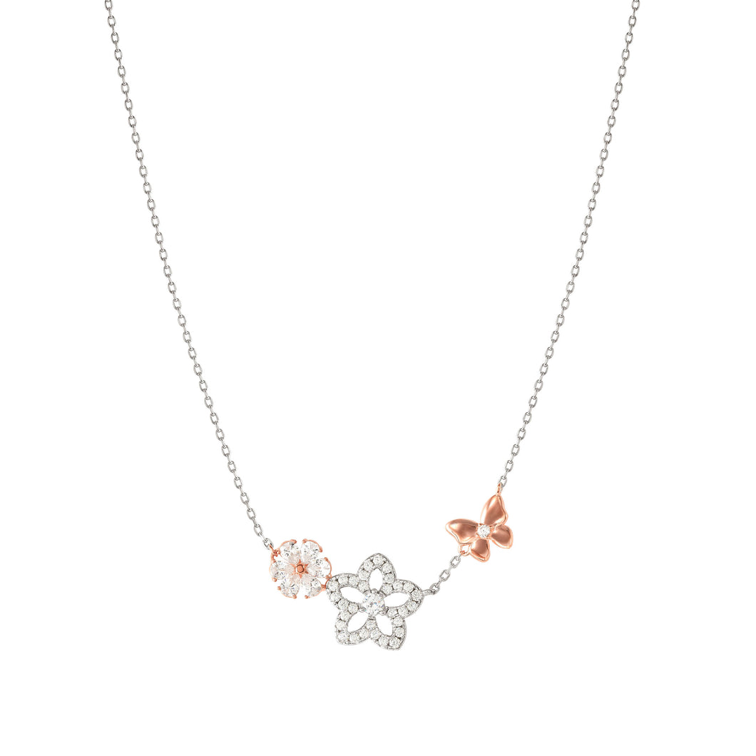 SWEETMADAME SILVER & ROSE GOLD NECKLACE 242010/051 FLOWER & BUTTERFLY WHITE CZ PENDANT