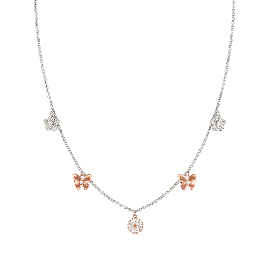 SWEETMADAME SILVER & ROSE GOLD NECKLACE 242011/051 NATURE CZ PENDANTS