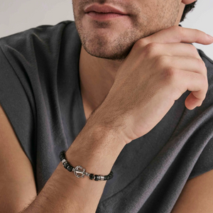 ATLANTE STAINLESS STEEL ECO LEATHER BRACELET 027507/063 ANCHOR BLACK AGATE