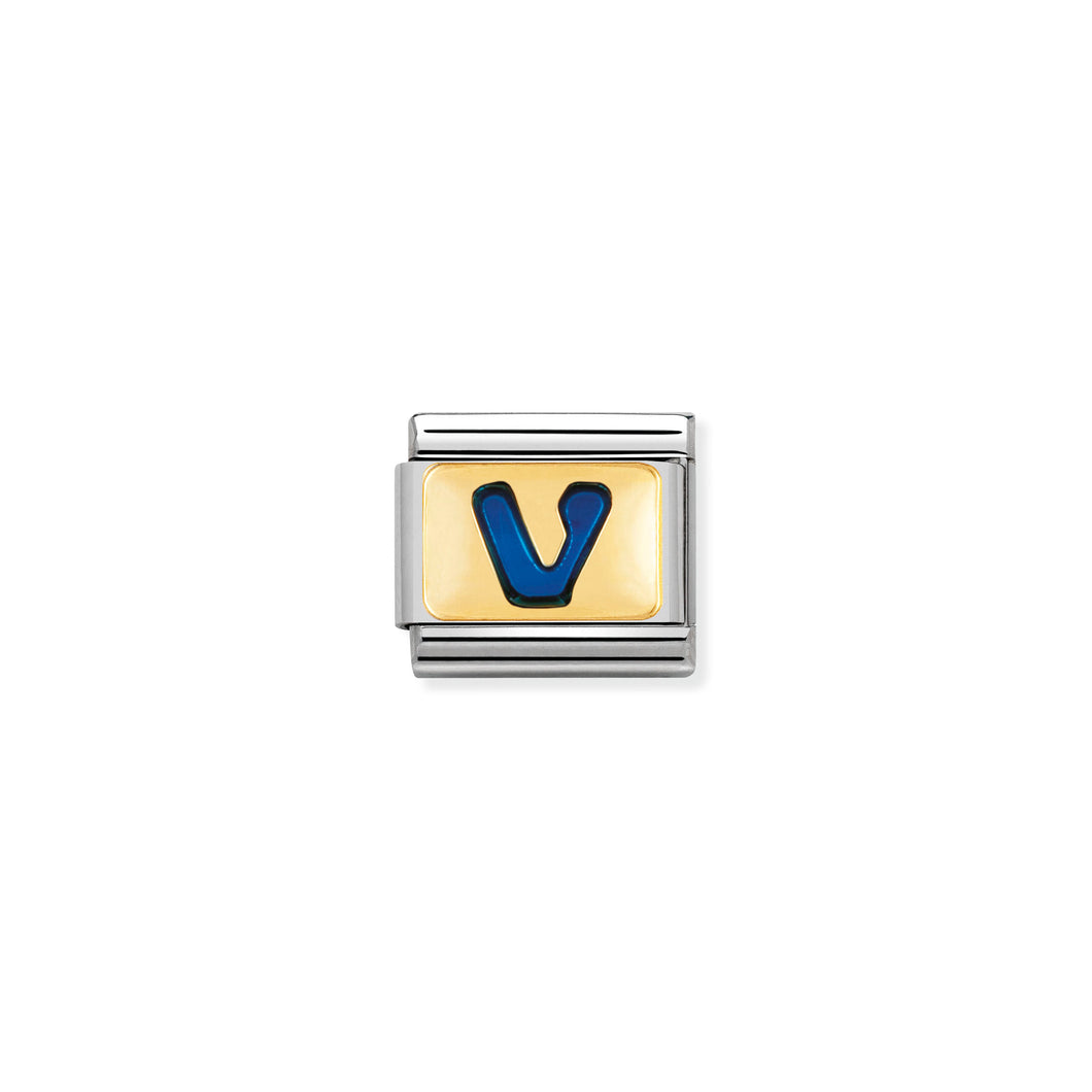 COMPOSABLE CLASSIC LINK 030201/22 BLUE LETTER V IN 18K GOLD & ENAMEL