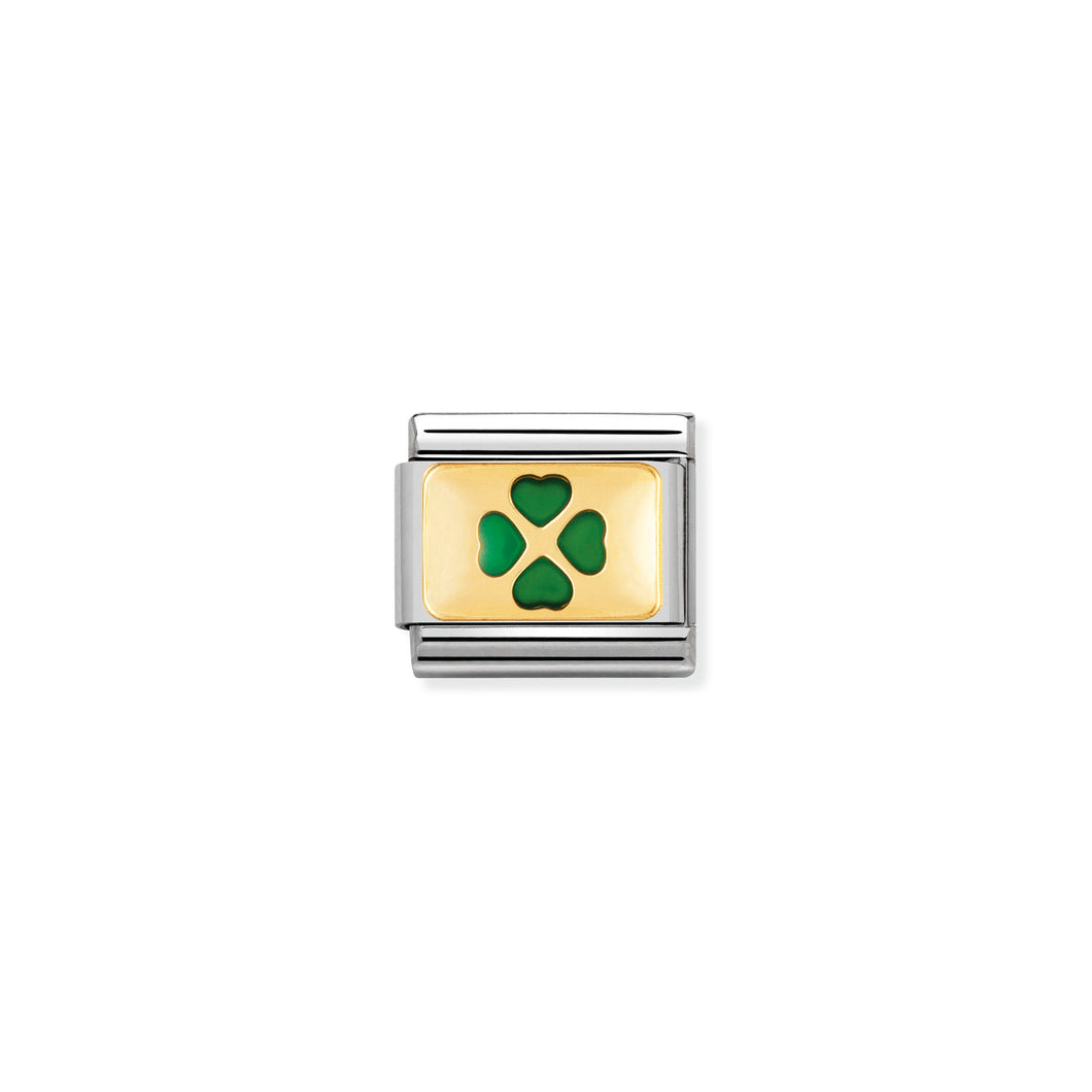 COMPOSABLE CLASSIC LINK 030206/27 GREEN FOUR-LEAF CLOVER IN 18K GOLD & ENAMEL