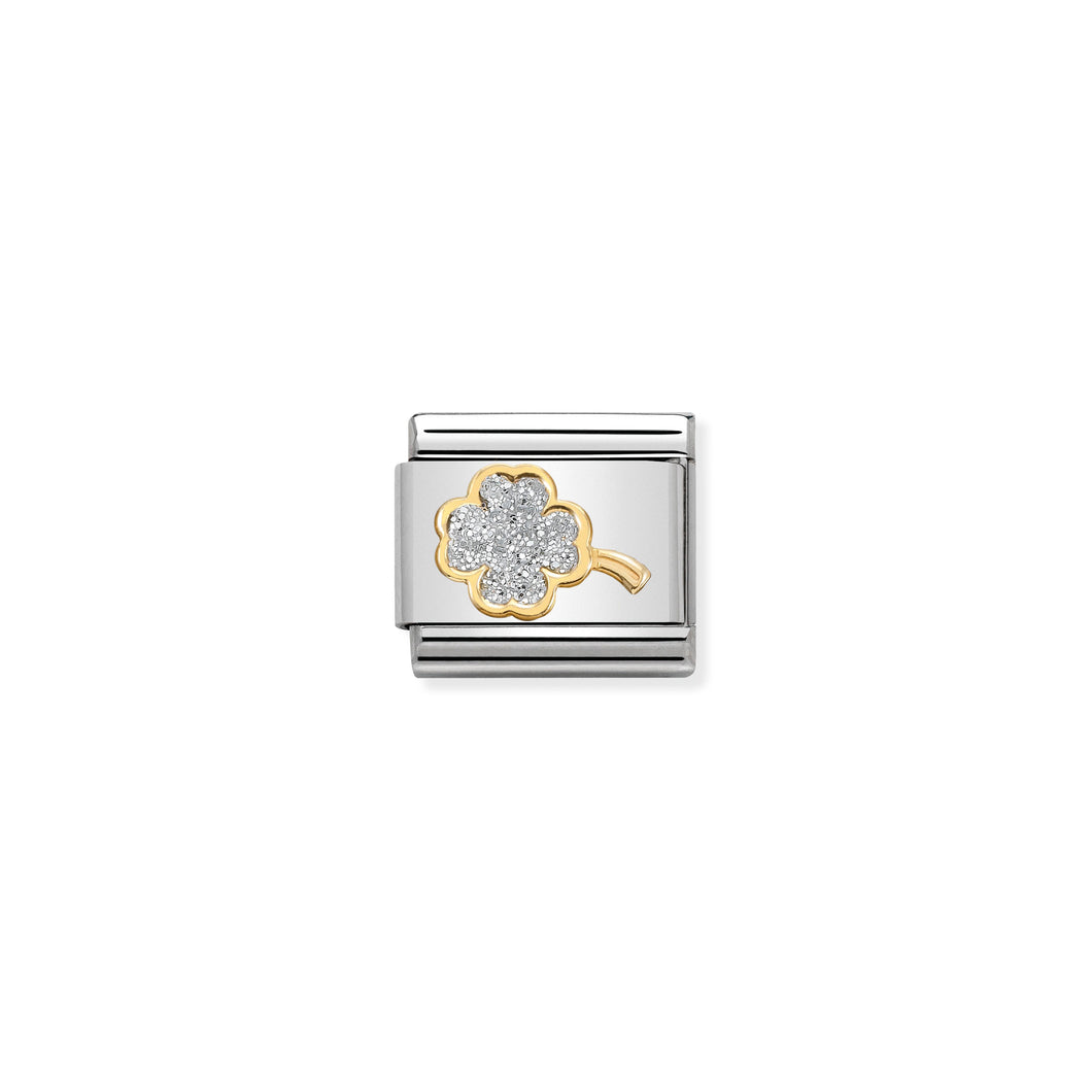 COMPOSABLE CLASSIC LINK 030220/03 FOUR LEAFED CLOVER WITH GLITTER ENAMEL IN 18K GOLD