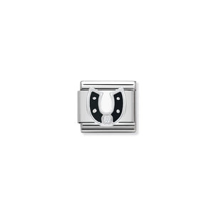 COMPOSABLE CLASSIC LINK 330305/11 BLACK HORSESHOE WITH CZ & ENAMEL IN 925 SILVER