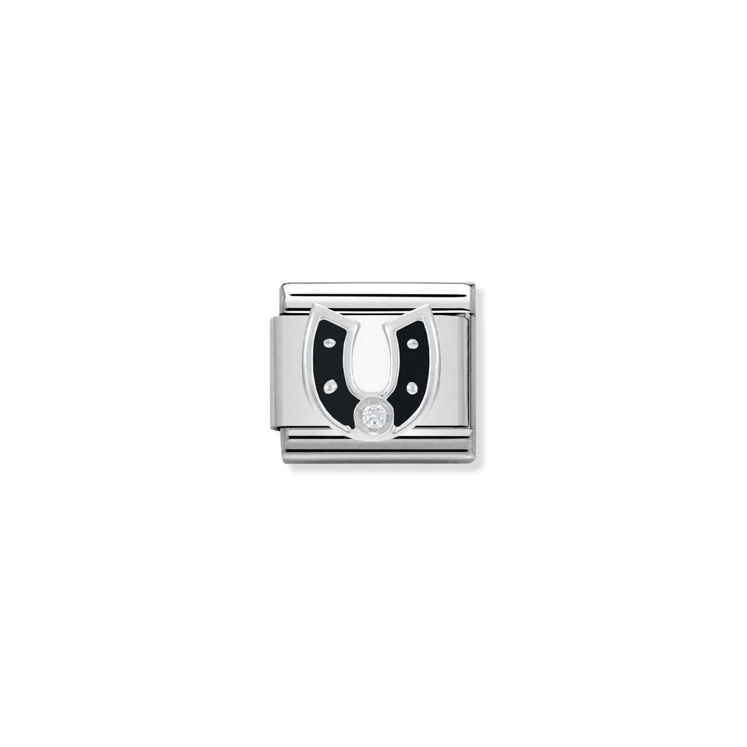 COMPOSABLE CLASSIC LINK 330305/11 BLACK HORSESHOE WITH CZ & ENAMEL IN 925 SILVER
