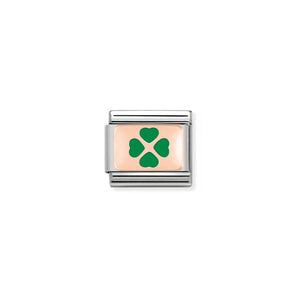 COMPOSABLE CLASSIC LINK 430201/08 GREEN FOUR-LEAF CLOVER 9K ROSE GOLD PLATE & ENAMEL